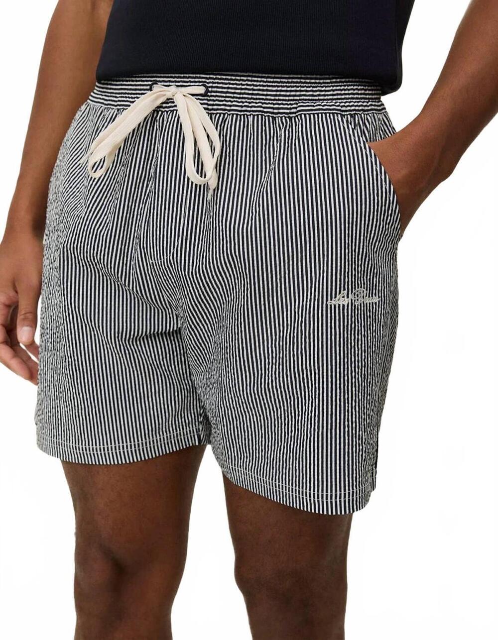 NEW LES DEUX men's stan stripe seersucker swim shorts in black
